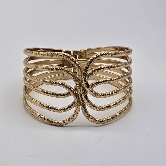 Front Open Gold Tone Textured Metal Hinged Fashion Wide Cuff Bracelet - Picture 8 of 9